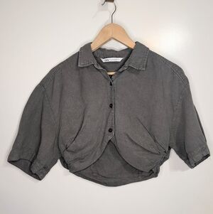 ZARA Cropped Button Front Shirt Jacket | Gray | Linen Blend | S